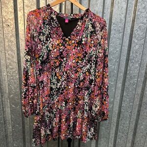 Vince Camuto Black Floral V-Neck Tiered Dress with Pink & Orange Blooms